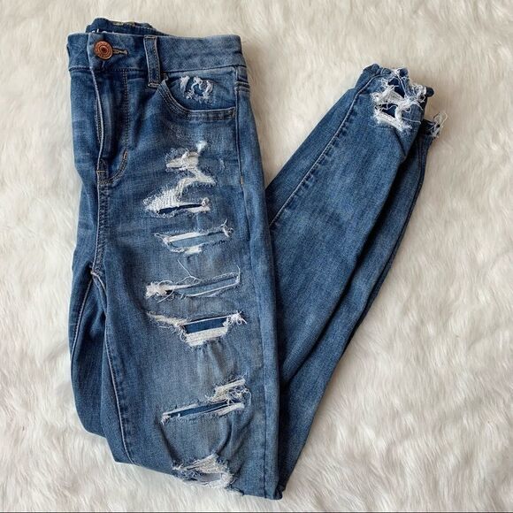 American Eagle AEO Curvy Hi Rise Jegging Jeans Destroyed Distressed Size 0 - Picture 3 of 10